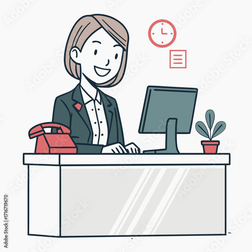 Vector Illustration of a Receptionist at the Desk in Office Environment