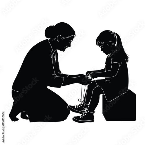 Woman tying childs shoelaces shoes
