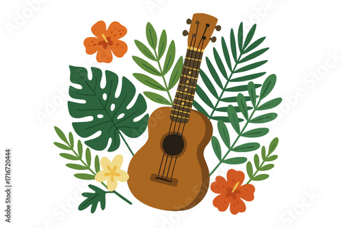 Tropical ukulele with lush green leaves and vibrant orange and yellow flowers. Wooden acoustic guitar illustration for music store poster, tropical band performance banner, flat hand-drawn vector art
