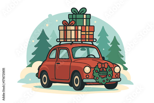 Christmas holiday journey. Red vintage car with gifts on roof rack in snow. Retro automobile carrying presents for Xmas celebration. Winter transport flat vector concept.