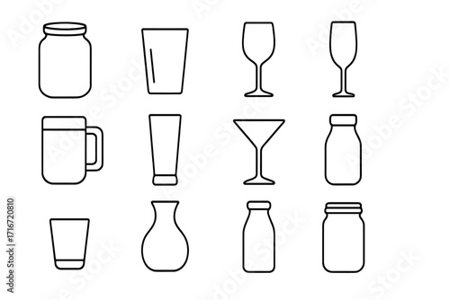 Glassware and drinkware icon pack. A diverse line art collection of kitchen containers like jars, bottles, and mugs. Minimalist vector symbols for bar and restaurant menus.