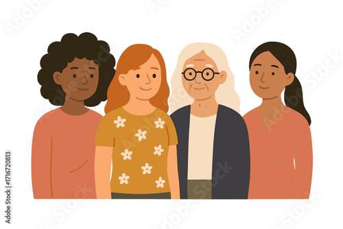 International Women's Day greeting card. A diverse group of women of different ages and ethnicities. Concept for sisterhood, feminism, female empowerment, and 8 March.