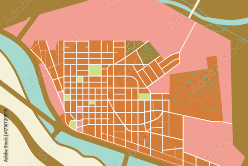 Stylized abstract city map with river and park areas urban map of