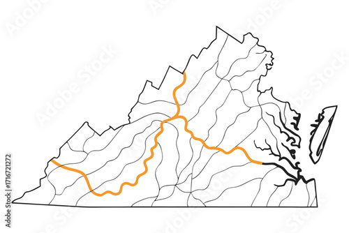 Outline Map of Virginia with Highlighted Major Waterways state rivers