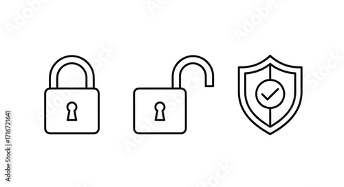 Set of line icons: locked padlock, unlocked padlock, and shield with checkmark