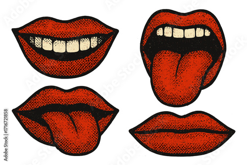 Retro 90s Y2K pop art mouth set. Vector collage of red lips with grunge halftone texture. Smile, tongue out, open and closed mouth expressions for posters and graphics.