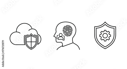 Set of Security and Privacy Icons: Cloud, Biometric Scan, and Shield with Gear