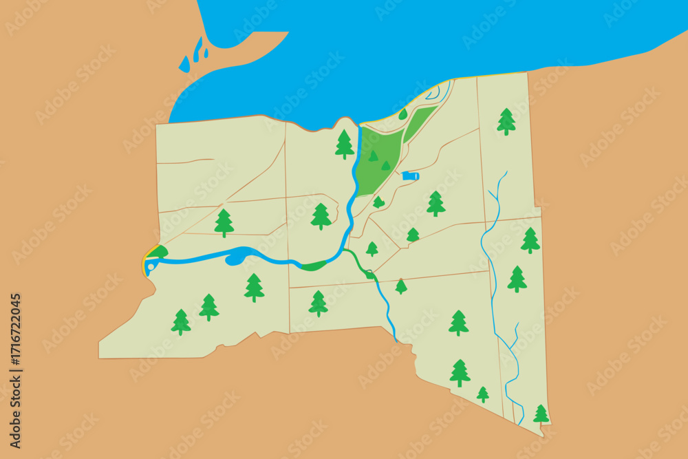 Fototapeta premium Stylized Map of New York State with Trees and Water Keywords: New York, map, stylized