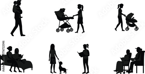parenting, family, children, bonding, stroller, reading, walking, dog, care, love, lifestyle, nurturing, parent, child, relationship, silhouette, interaction, illustration, vector, design