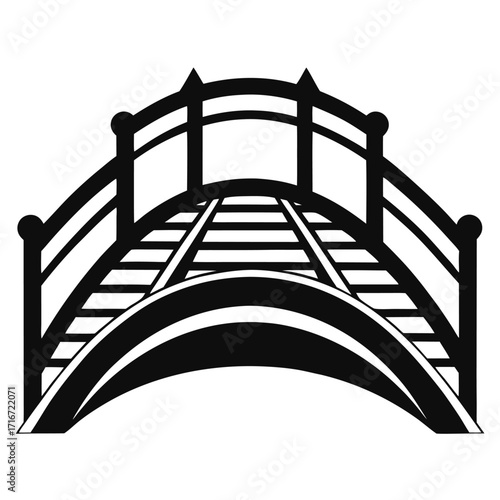 Black and White Arching Bridge Illustration with Railings and Spiked Finials Graphic Design