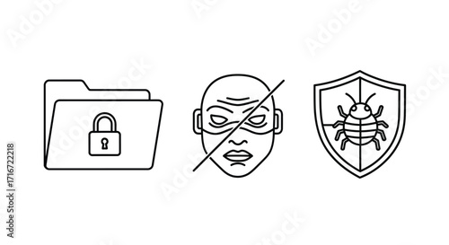 Cybersecurity Icons: Folder Lock, Hacker Mask Crossed Out, Shield with Bug