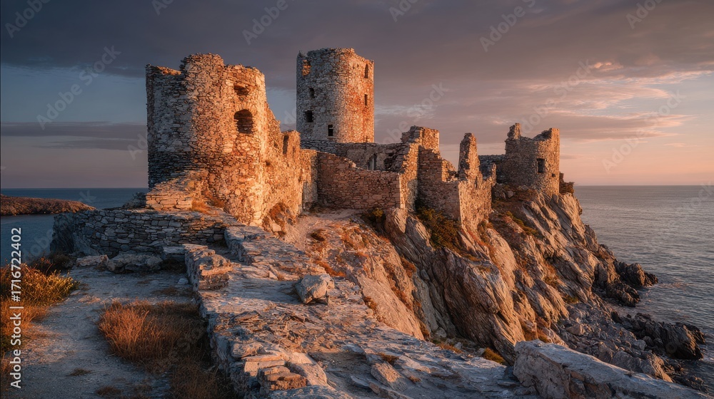 Fototapeta premium Ancient stone castle ruins on rocky coast 