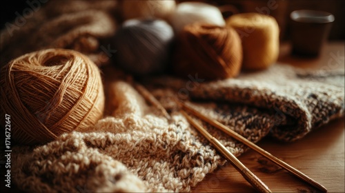 Knitting project with yarn balls and needles
