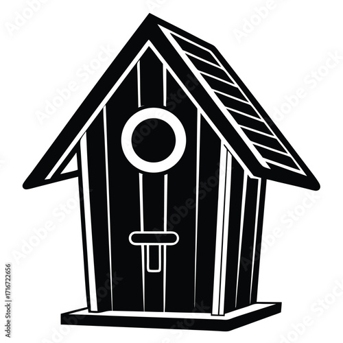 Stylized Black and White Birdhouse with Round Entrance and Perch Illustration