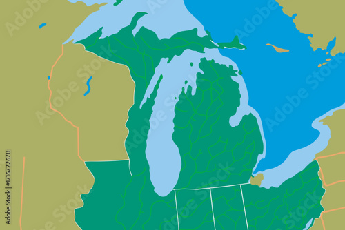Great Lakes Region Map with Rivers and Borders Keywords: map, Great Lakes, region, North map of