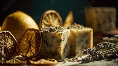 Handmade herbal soap bars with dried citrus
