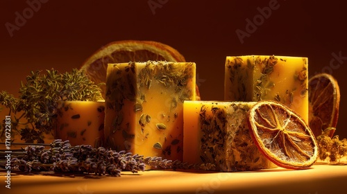 Handmade herbal soap bars with dried citrus
