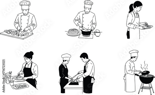 cooking, chef, kitchen, food, culinary, barbecue, grilling, baking, preparation, plating, teamwork, lifestyle, restaurant, cuisine, meal, recipe, gastronomy, cook, illustration, vector