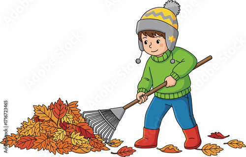 Autumn, cartoon, child, leaves, raking, fall, season, outdoor, activity, red boots, green sweater, hat, foliage, yellow, orange, cleanup, nature, vector, illustration, playful