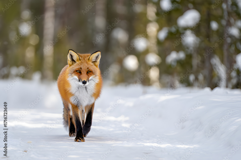 Fototapeta premium Red fox standing in the snowy forest