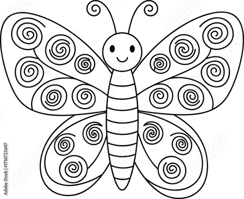 Butterfly, line art, black and white, cartoon, symmetrical, spiral wings, decorative, vector, illustration, coloring, whimsical, insect, nature, antennae, smiling, segmented body, artistic, wings, out