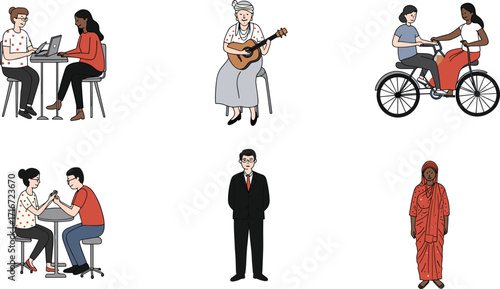 people, lifestyle, culture, activity, music, guitar, bicycle, teamwork, conversation, friendship, tradition, fashion, suit, dress, interaction, social, diversity, illustration, character, vector