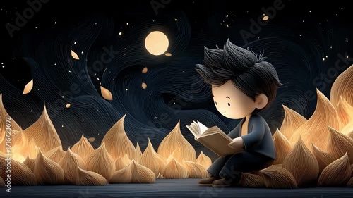 Boy Reading Attentively Under Moonlight at Night
