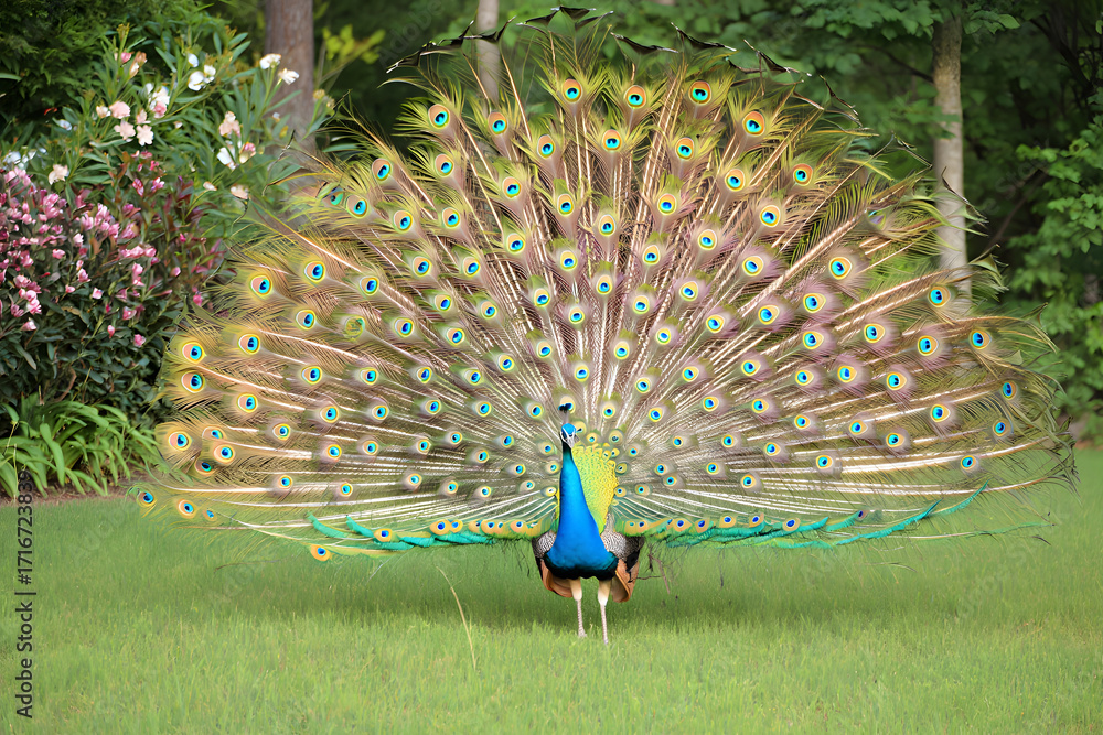 Obraz premium Peacock with colorful feathers display in nature