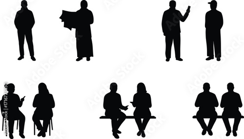 silhouette, people, conversation, umbrella, standing, sitting, bench, interaction, communication, lifestyle