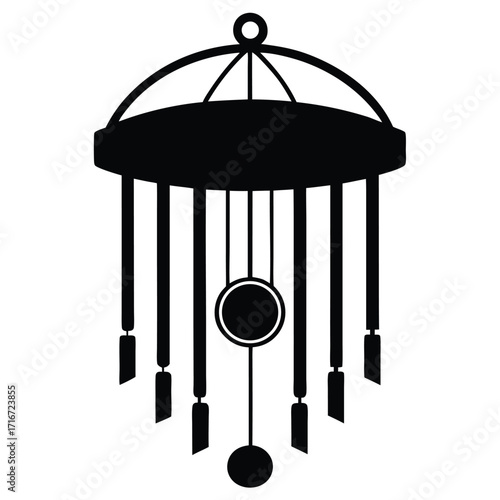 Black Silhouette of a Wind Chime with Circular Elements and Rectangular Blocks