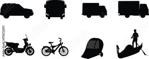 Silhouettes of Land and Water Vehicles Including SUV, Bus, Truck, Motorcycle, Bicycle, Rickshaw, Gondola, Hoverboard, and Canoe Icons
