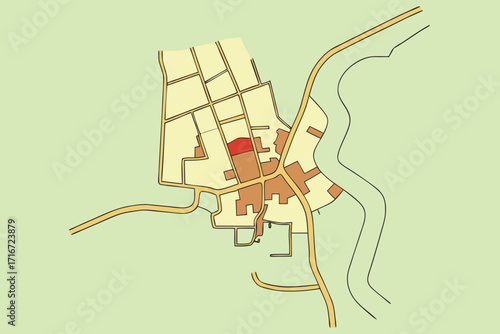 Stylized Town Map With River And Highlighted Area illustration cartography map of