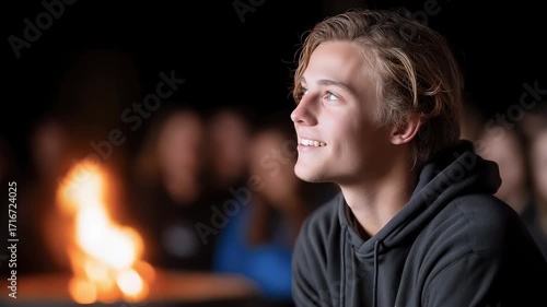 Young man smiling and looking into the distance by the campfire