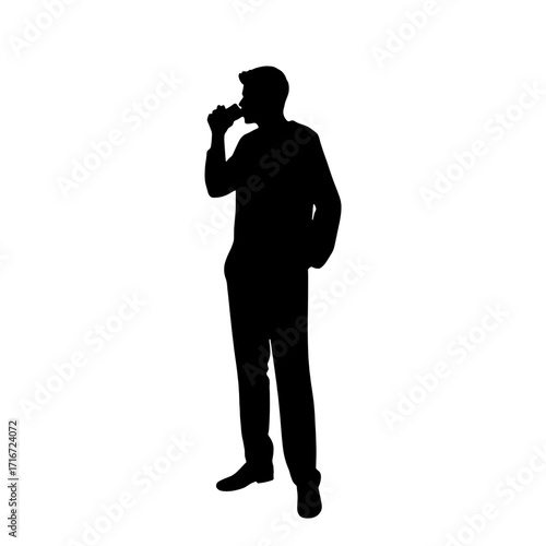 Silhouette of man drinking beverage while standing against white background  