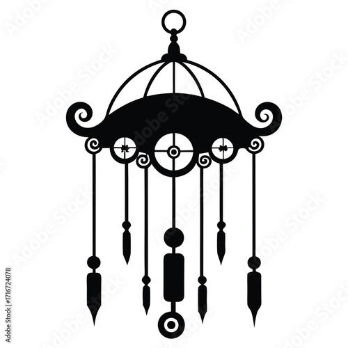 Black silhouette illustration of an ornate hanging object with a domed top and dangles