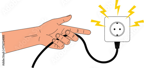 Electricity, danger, cartoon, plug, socket, shock, safety, hand, lightning, vector, illustration, hazard, warning, risk, power, cord, outlet, yellow bolts, accident, awareness