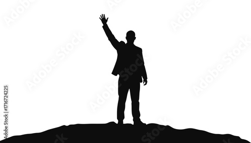 Businessman silhouette raising hand on hilltop against white background  