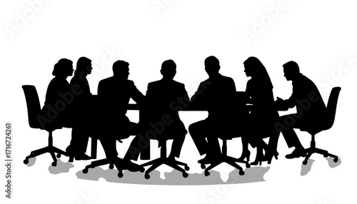 Group of people sitting around a conference table in silhouette  