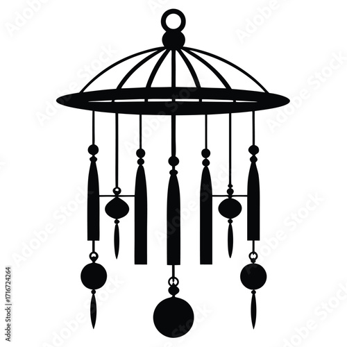 Silhouette of a Delicate Hanging Wind Chime with Beads and Tassels Design
