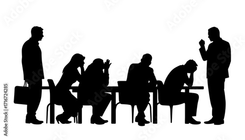 Business meeting with stressed employees and leader speaking in silhouette  