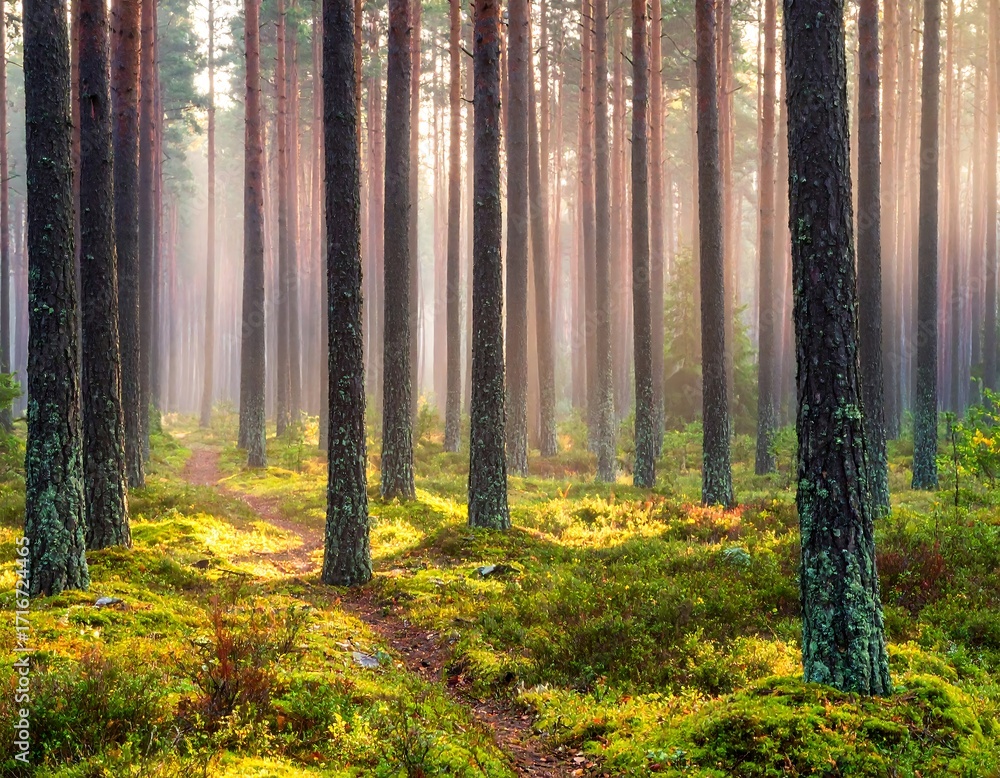 Fototapeta premium Misty pine forest path