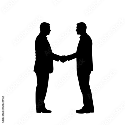 Two business men shaking hands in a silhouette against white background  