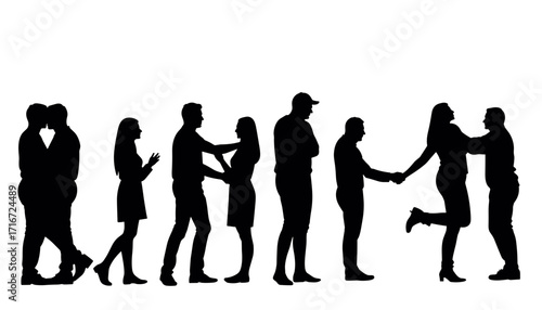 Diverse silhouettes of couples and individuals interacting together  