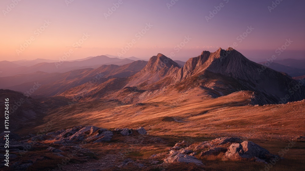 Fototapeta premium Sunset view over rocky mountain hills