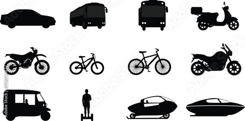 Silhouettes of Land, Water, and Snow Vehicles Including Car, Bus, Scooter, Motorcycle, Bicycle, Rickshaw, Snowmobile, Speedboat, and Hoverboard Icons