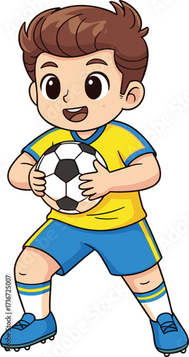 Soccer, cartoon, boy, sports, ball, uniform, yellow shirt, blue shorts, cleats, smiling, active, playful, child, athlete, vector, illustration, outdoor, game, physical, activity, fun