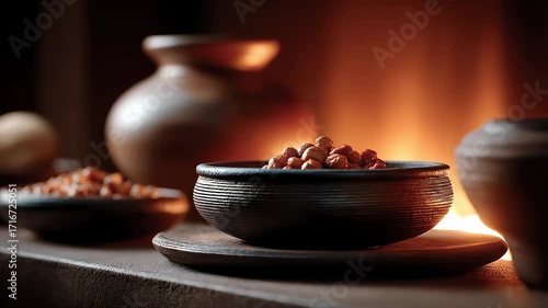 Still Life Display of Pottery Food in Warm Light