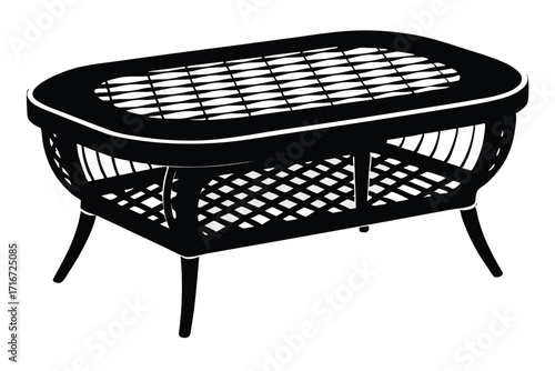 Black Wicker Coffee Table with Shelf and Woven Top in Monochrome Style