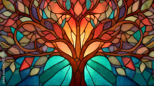 A close-up of a stained-glass Tree of Life with radiant colors