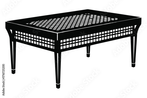 Elegant Black Silhouette of a Rectangular Table with Ornate Grid Design and Legs